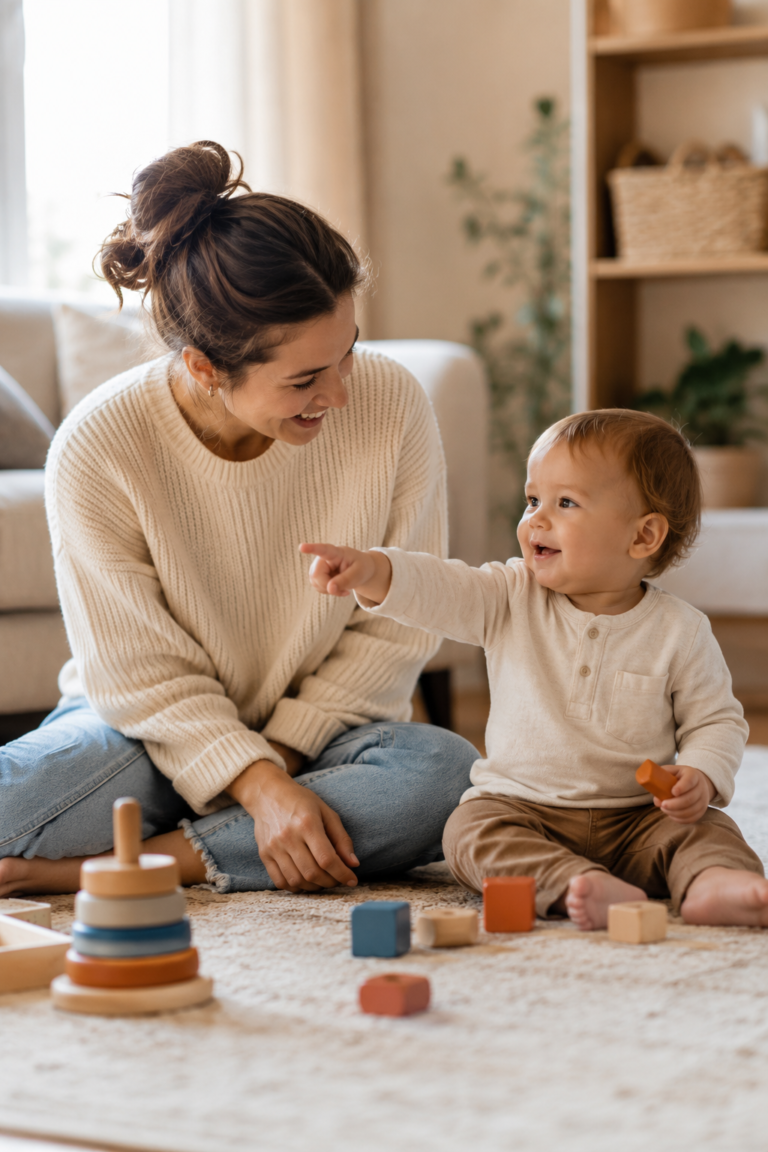 18-month-old toddler communicating with gestures during play