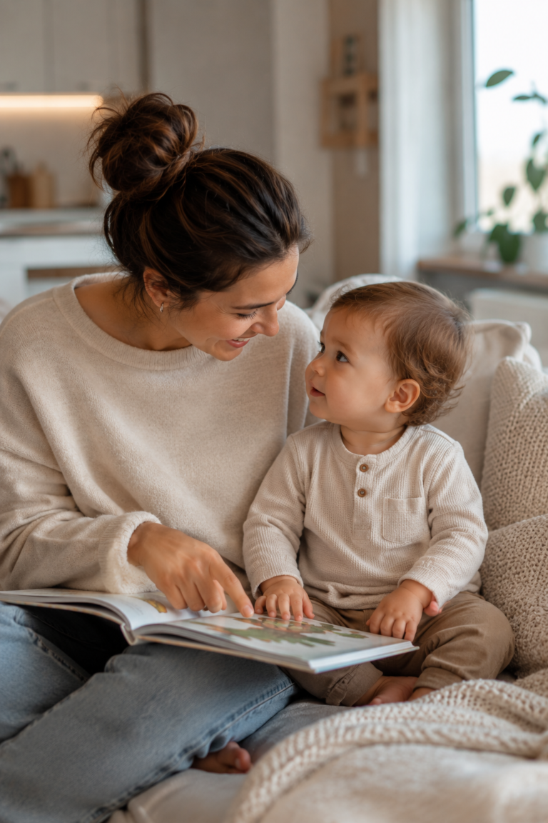 Parent supporting toddler language development through everyday interaction