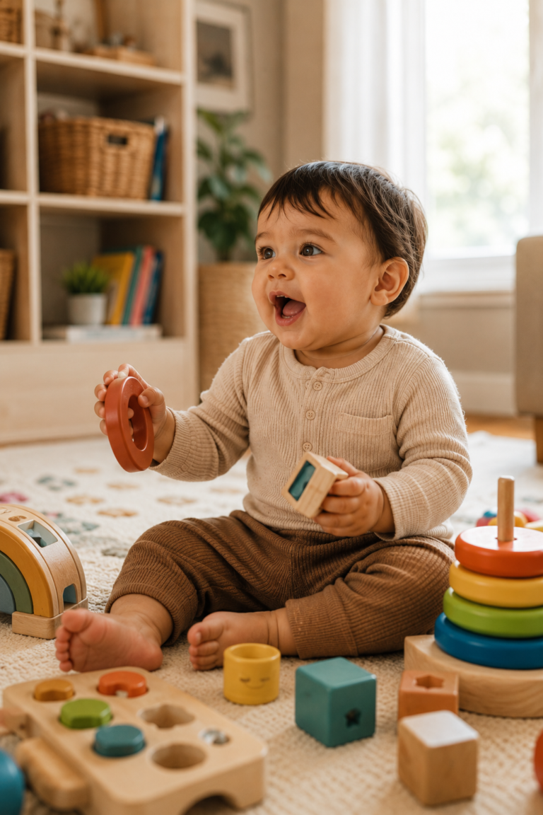 One-year-old baby making sounds while playing with toys