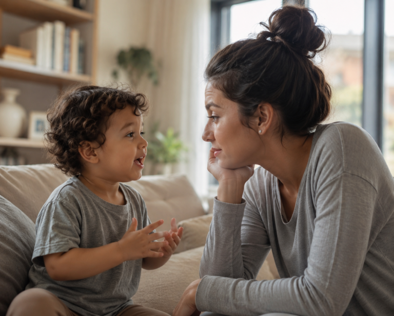 Parent listening attentively to toddler speaking