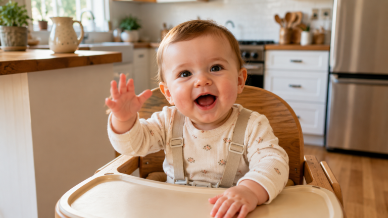 Baby babbling in high chair — 6 to 12 month speech milestones