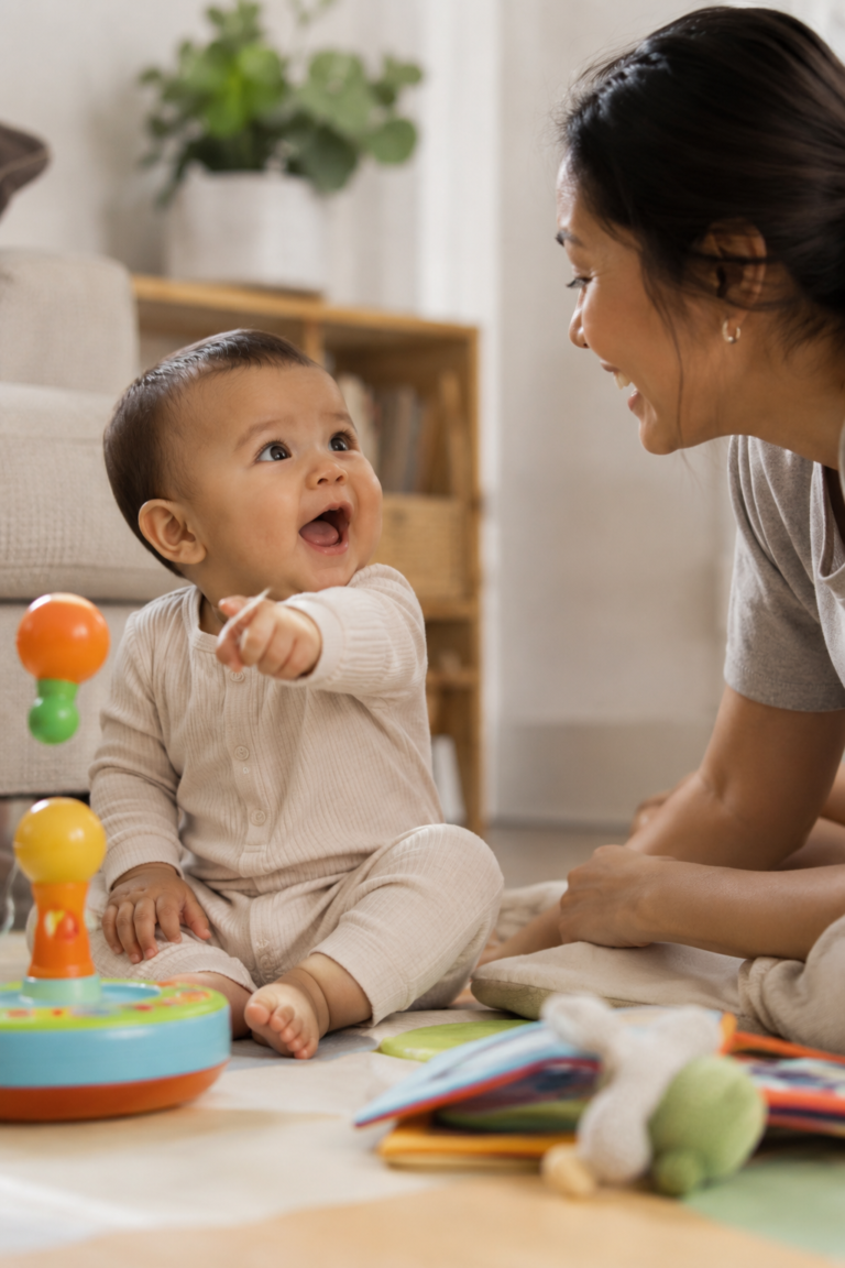 Baby pointing toward toy while parent responds during playtime