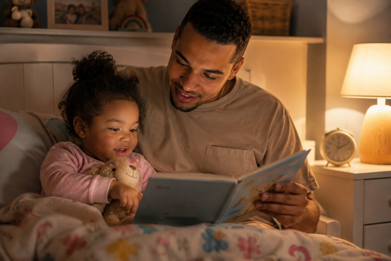 Parent supporting toddler speech development through reading and routines