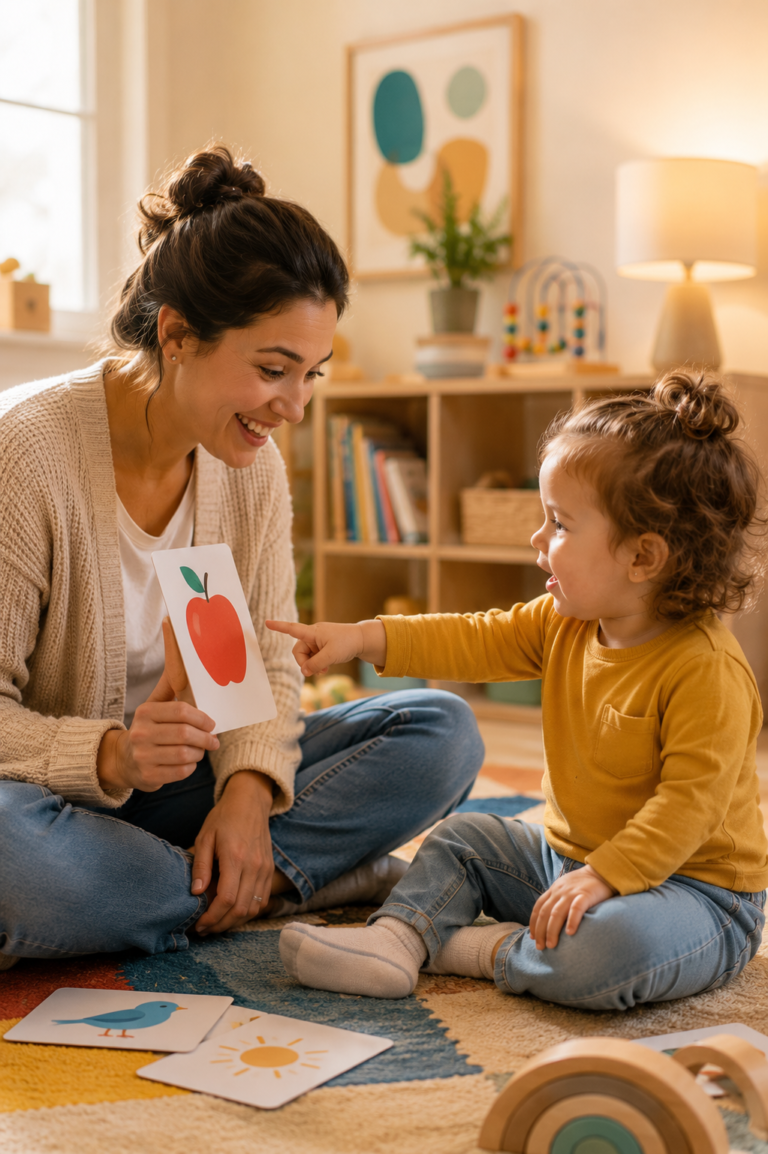 Speech-language pathologist showing vocabulary picture cards to a toddler during speech therapy