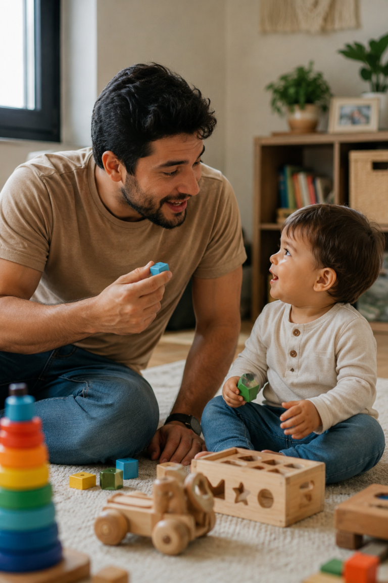 Parent encouraging toddler speech during everyday play activities