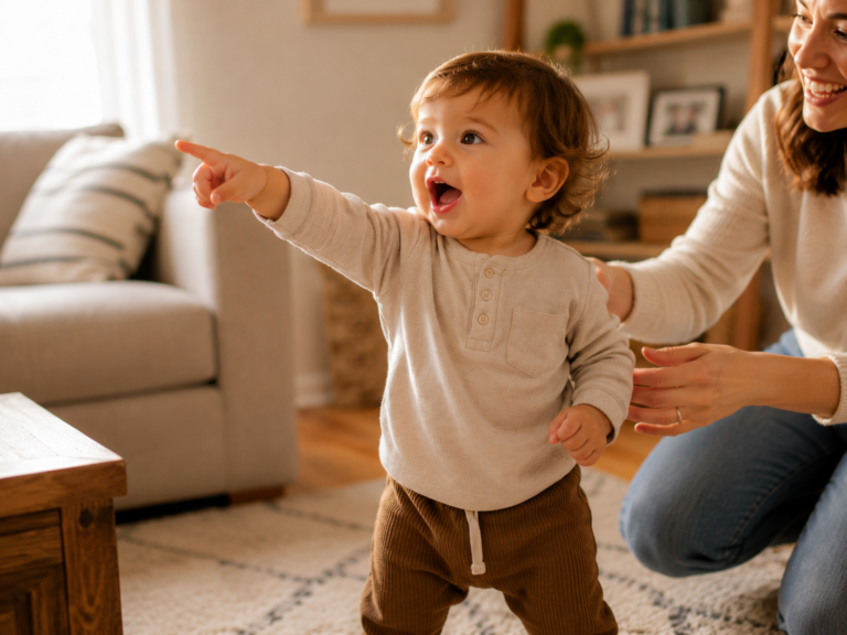 Toddler pointing and saying first words at 12 to 18 months