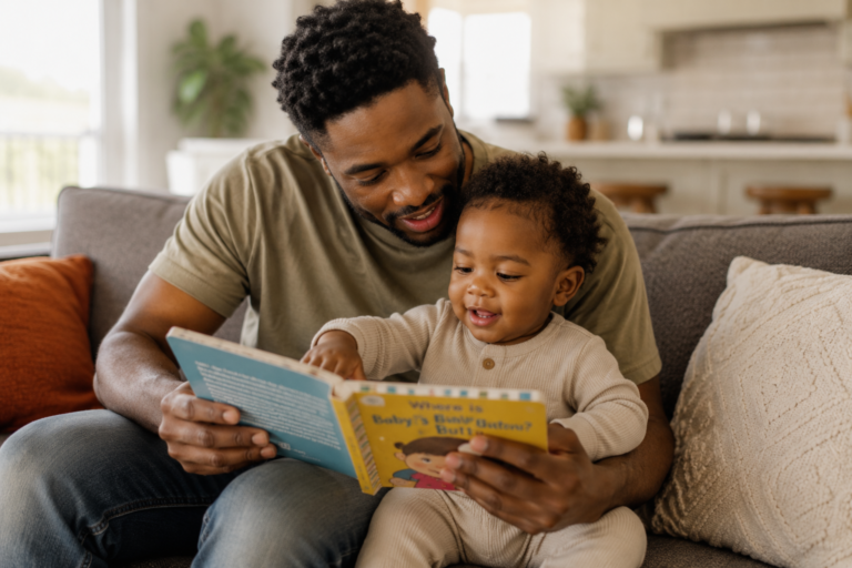 Toddler pointing to first word images during book time with father