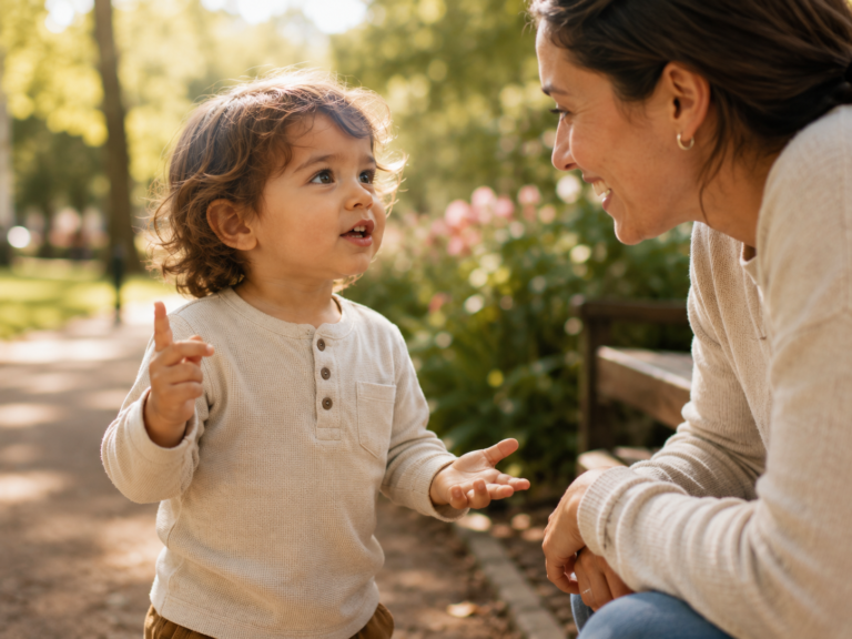 Two year old having a conversation with parent — language development ages 2 to 3