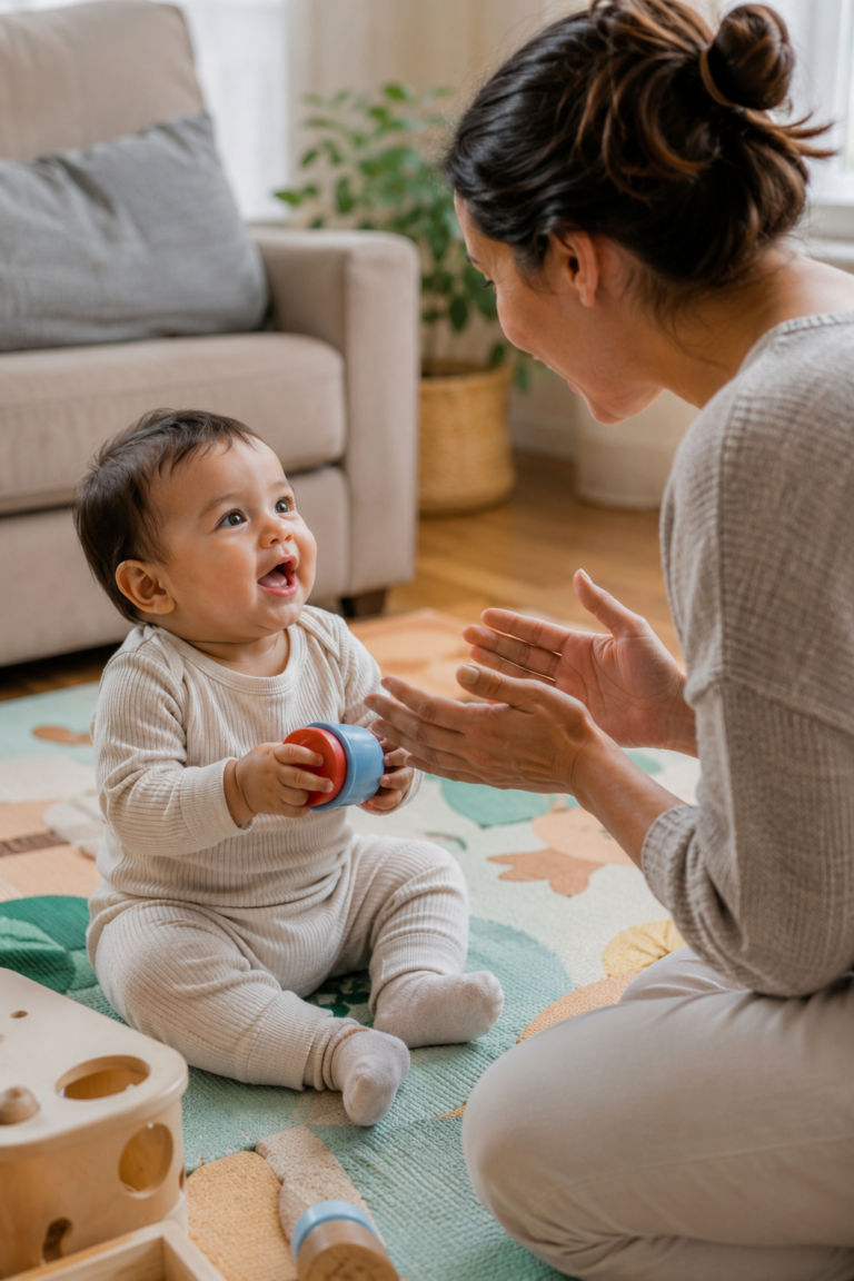 baby practicing babbling sounds during playtime