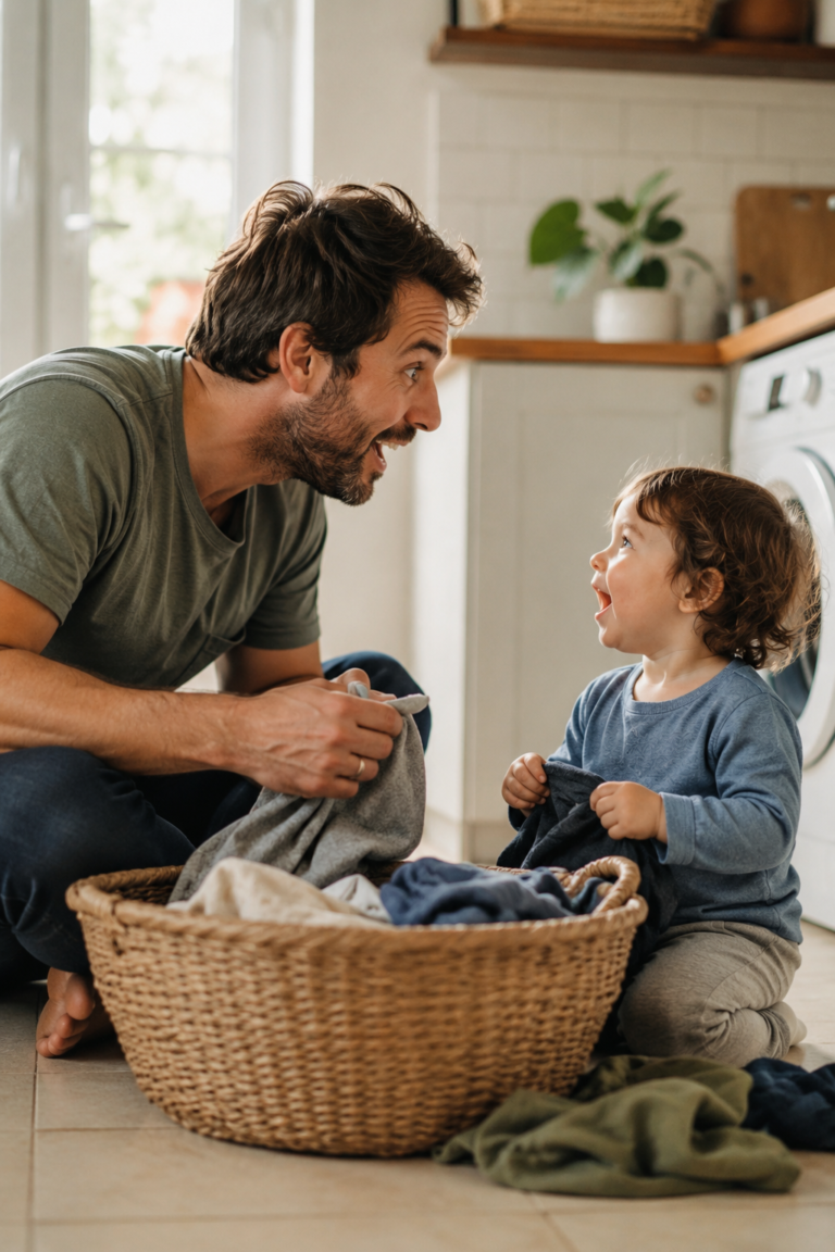 Parent speaking expressively to a toddler during a daily routine