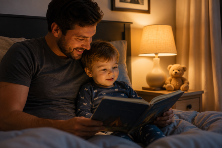 Parent reading and talking with toddler during bedtime routine