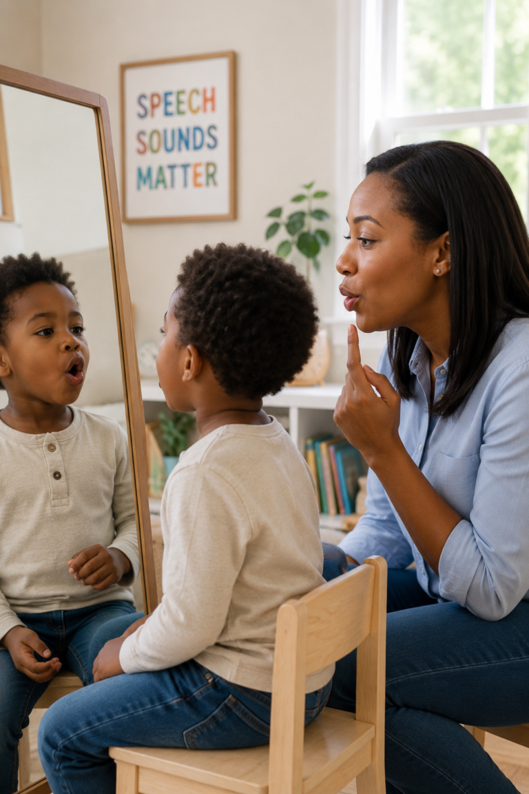 Child practicing speech sounds while looking in a mirror during speech therapy