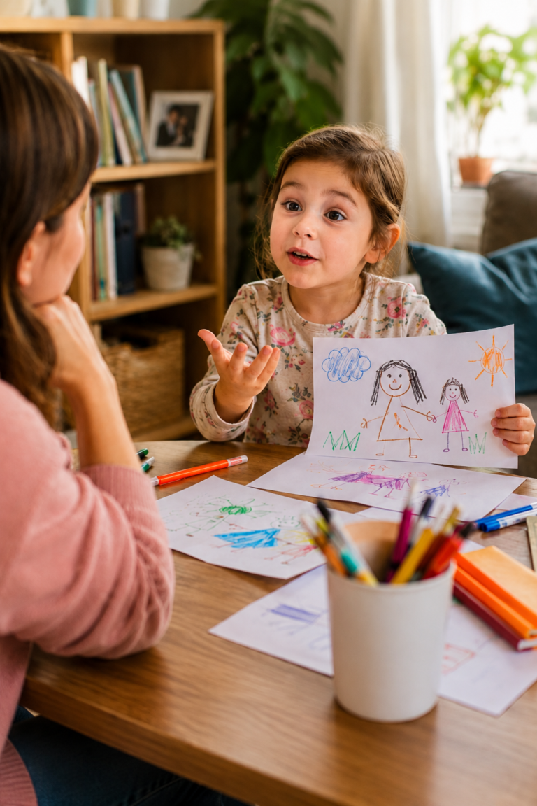 child showing drawing to parent at home