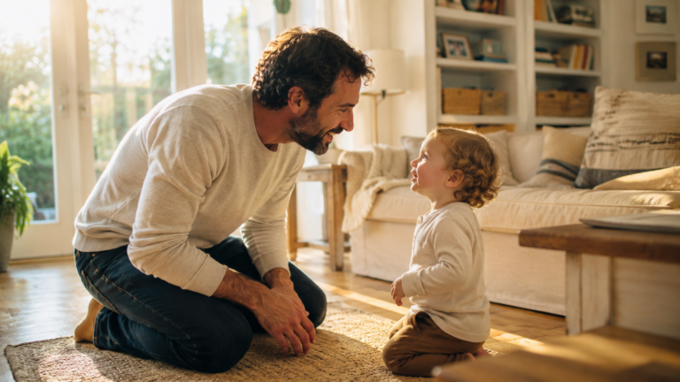 Parent kneeling at toddler eye level, smiling and talking during early speech development at home