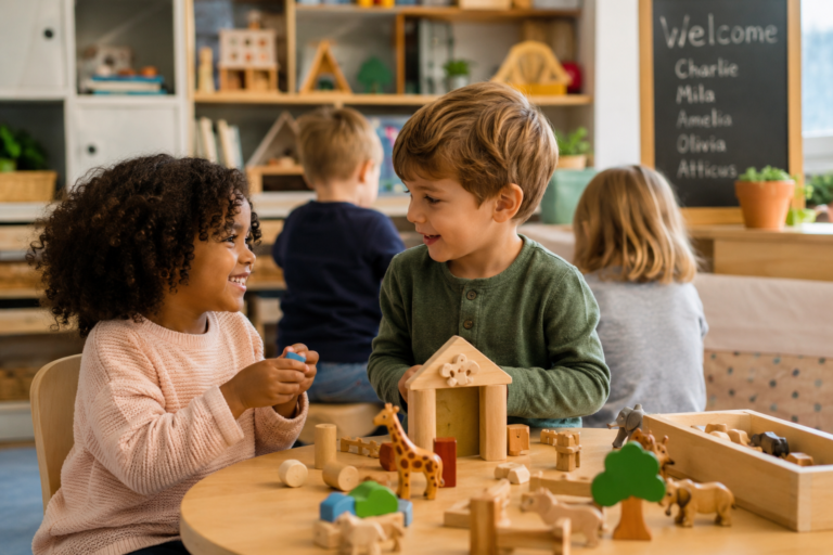 Preschool children developing conversation and storytelling skills during play.