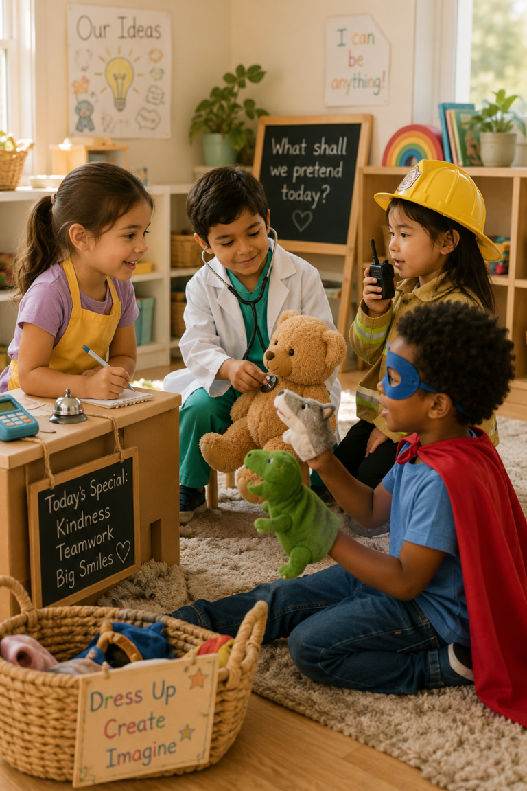 Preschool children engaged in imaginative role play in a classroom, pretending to be a doctor, firefighter, superhero, and shopkeeper while playing together with toys and costumes.
