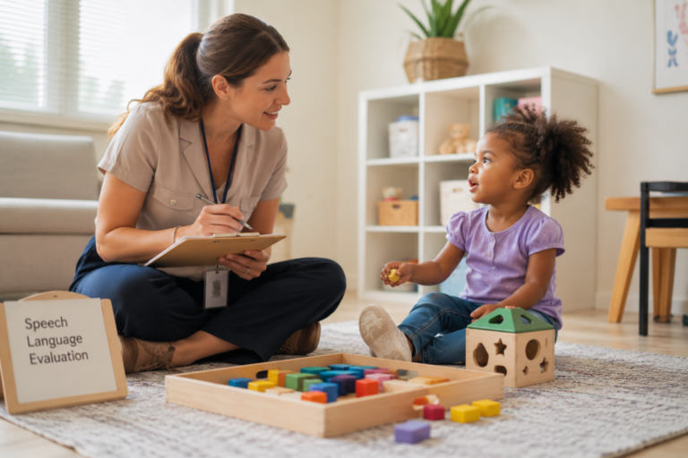 Speech-language pathologist observing toddler during developmental play assessment