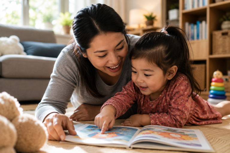 mother using dialogic reading questions while reading to preschool child