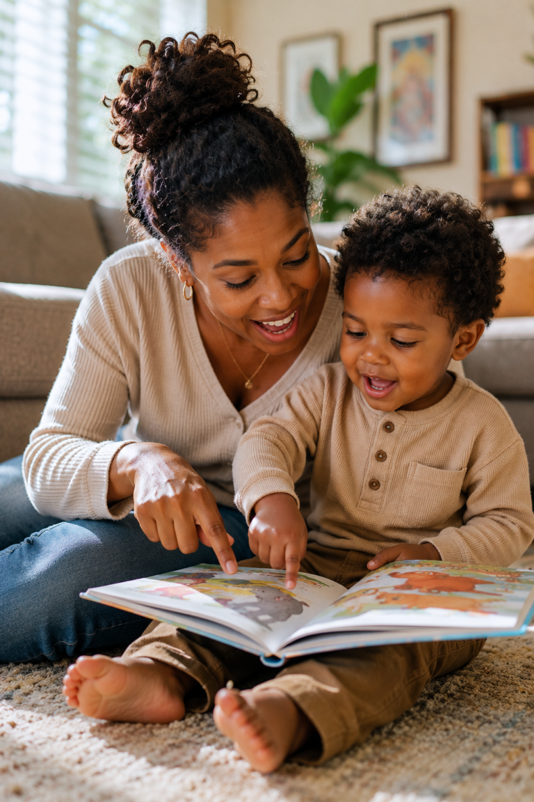 Parent using dialogic reading techniques with toddler during story time