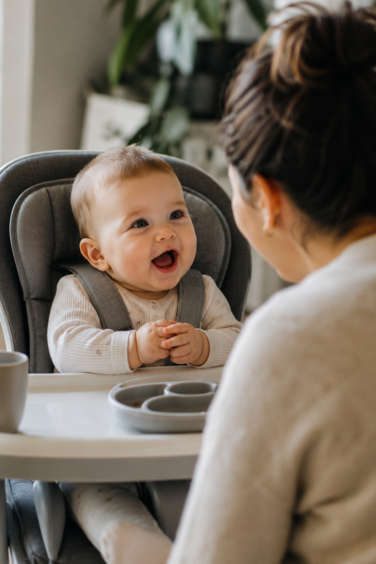 Baby babbling and interacting with caregiver before first words