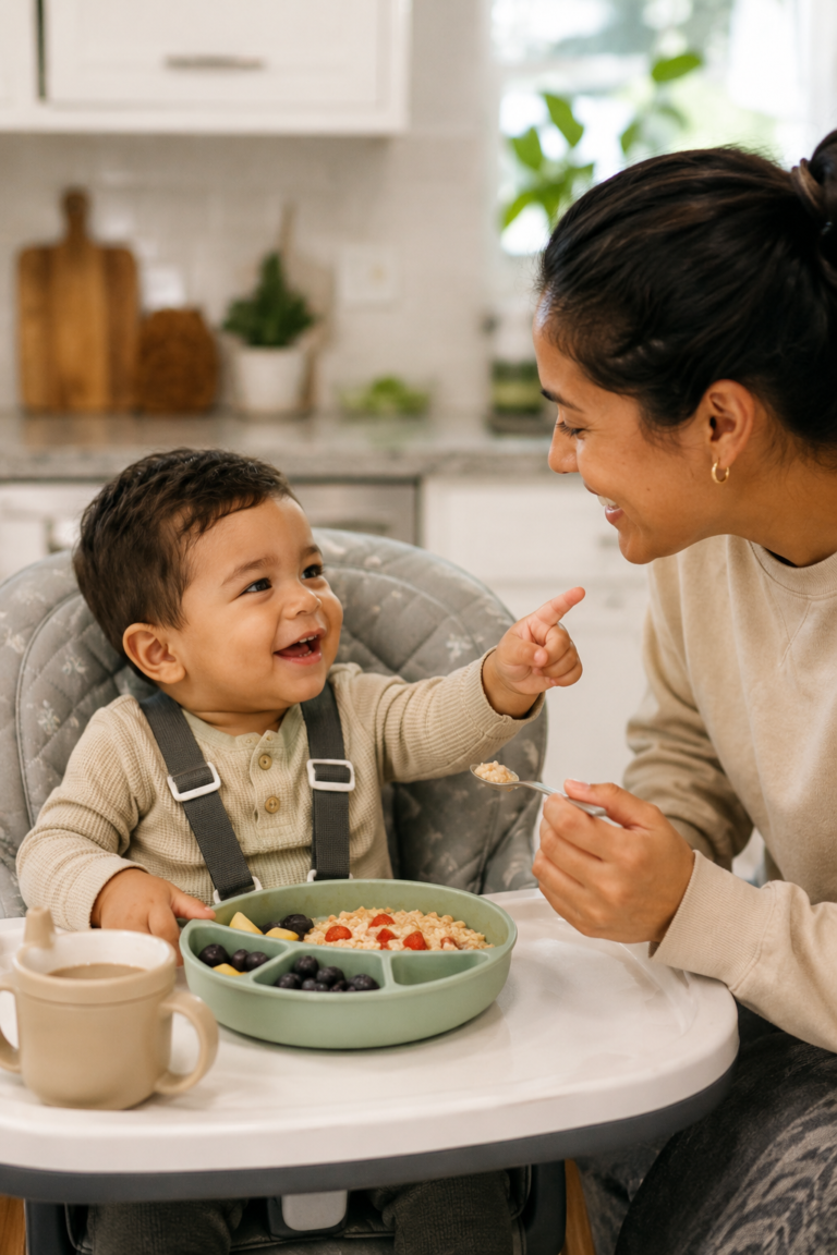 Parent encouraging toddler language during mealtime routine