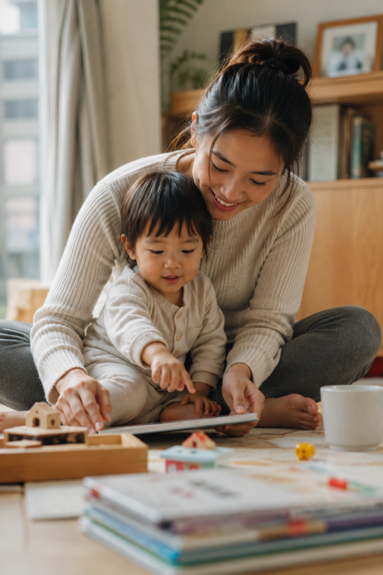 Parent using everyday routines to support toddler speech practice at home