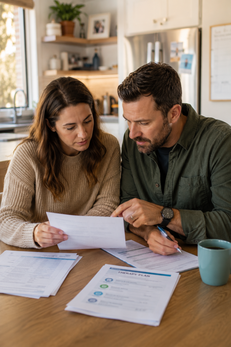 Parents discussing pediatric therapy costs together at home
