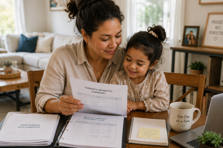 Parent comforting child while reviewing pediatric therapy paperwork