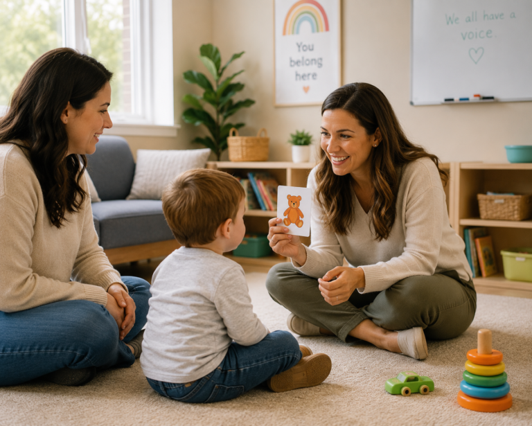 Speech-language pathologist working with a toddler in a warm clinic setting — how to find the right SLP for young children