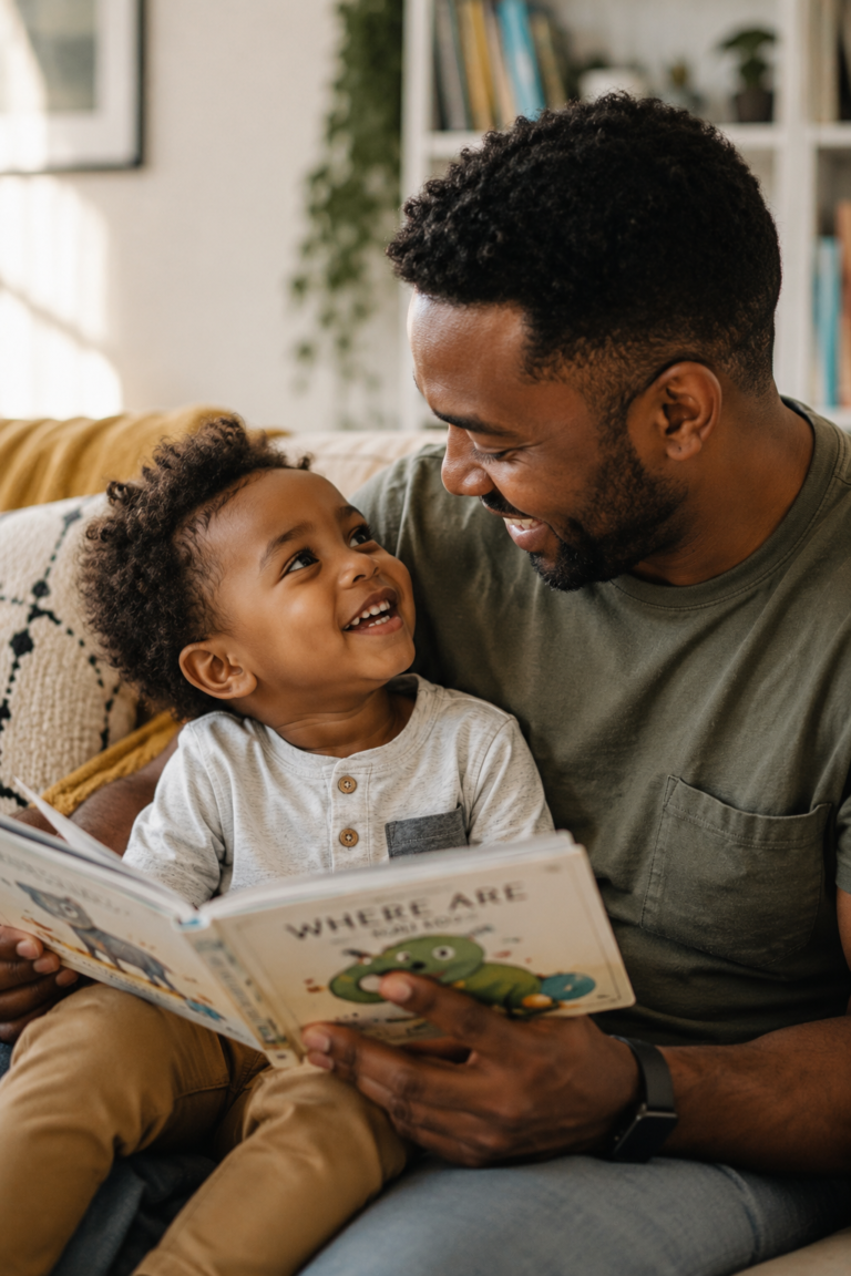 Parent and toddler sharing a conversation while reading a book