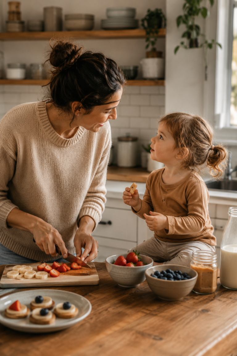 Parent encouraging toddler speech during everyday routines