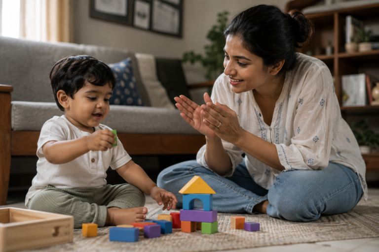 Parent encouraging toddler communication during play