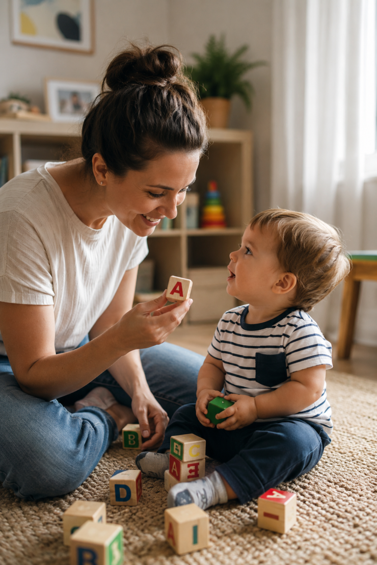 Toddler using words during play with a parent.