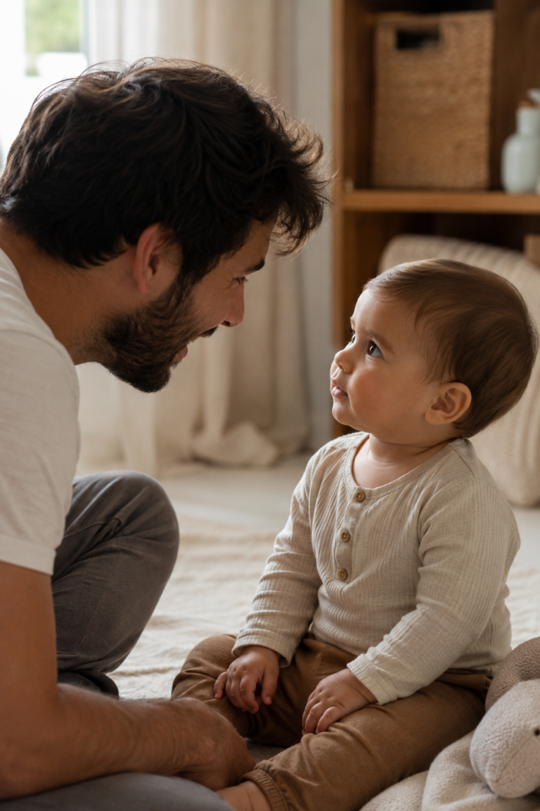 Parent smiling and talking to a quiet one-year-old baby