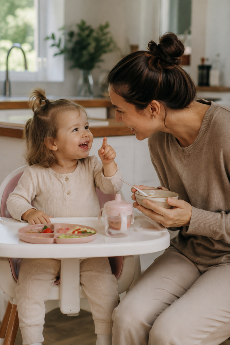 toddler communicating with parent during lunch at home