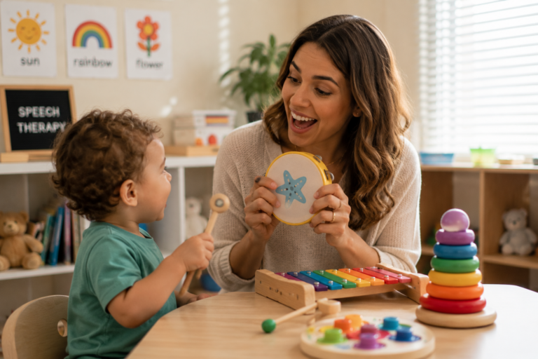Speech therapist using musical play with toddler during session