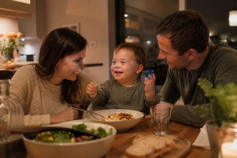 Family having relaxed conversation during dinner with toddler