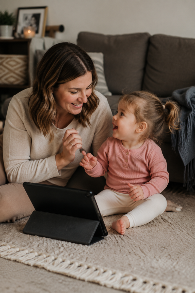 Parent watching educational content with toddler while talking together