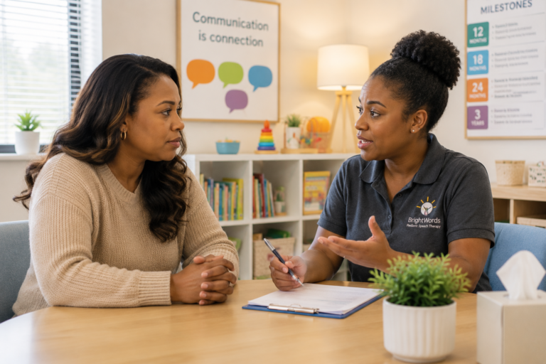 parent discussing cost of speech therapy with speech therapist