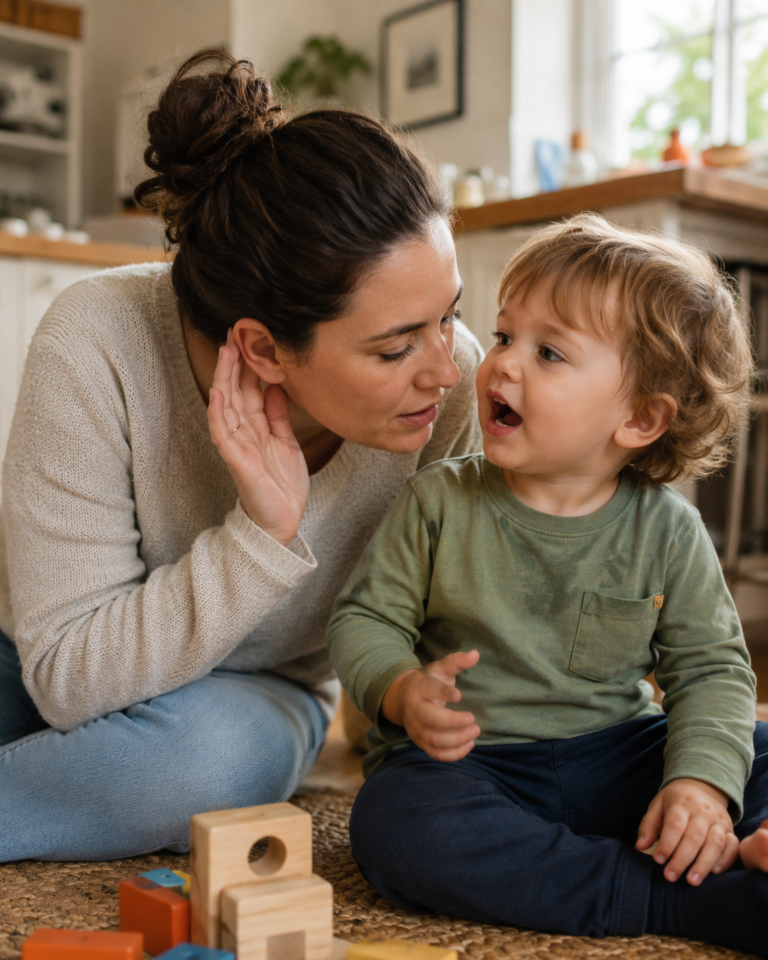Parent leaning in to listen to toddler speaking — unclear speech and articulation in young children