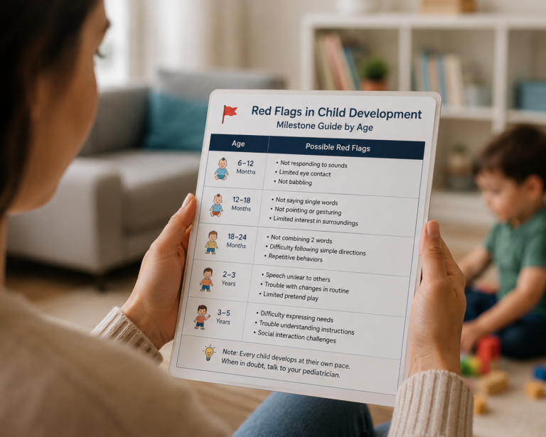 Parent reviewing speech and language red flags by age — when to be concerned about a toddler's development