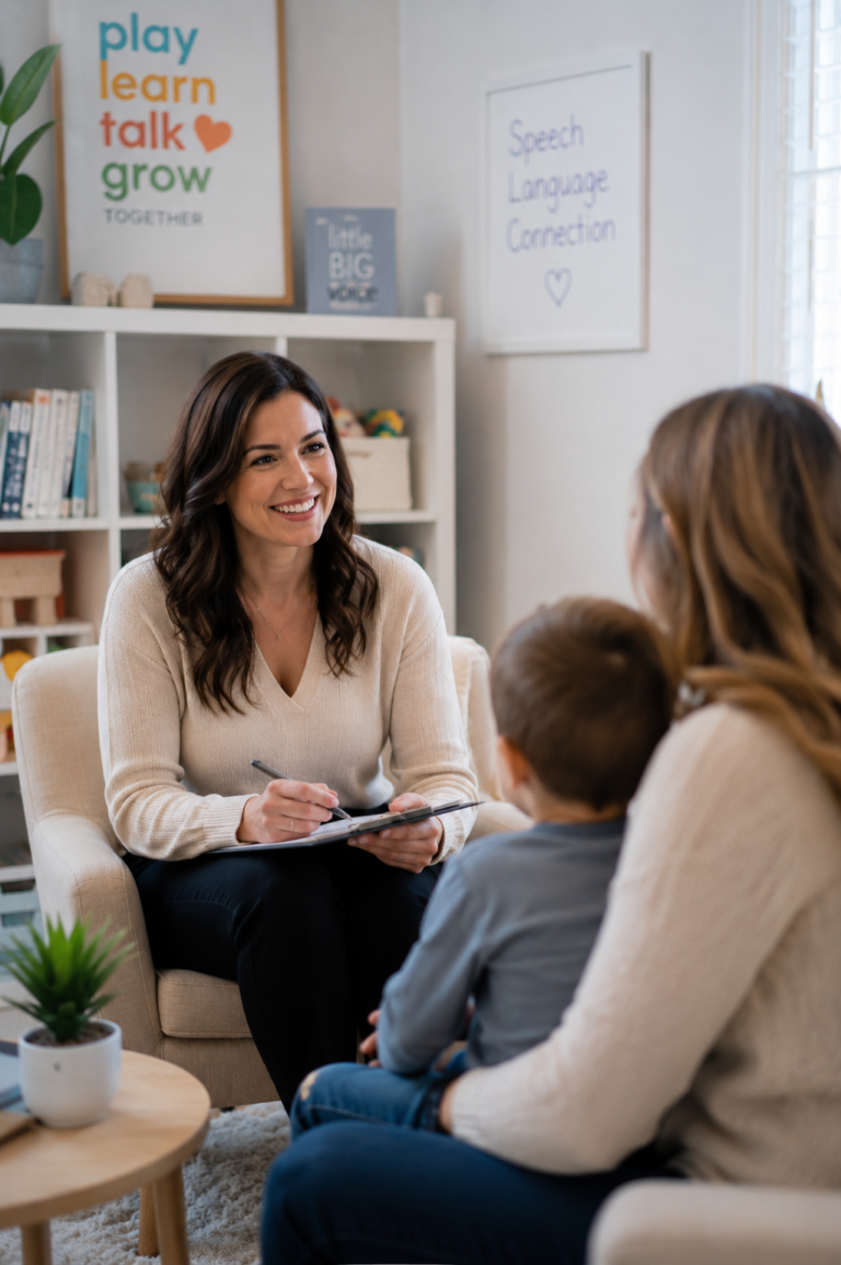 Parent asking questions during a pediatric speech therapy consultation