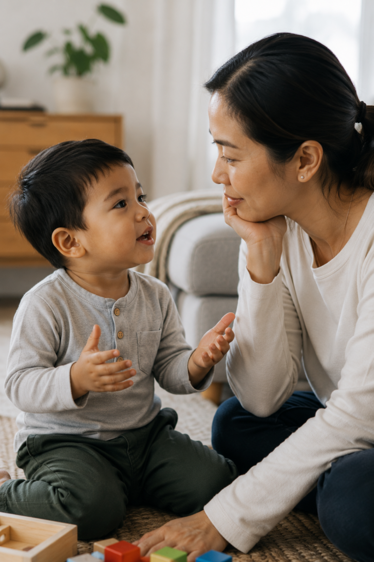Baby pointing toward toy while parent responds during playtime