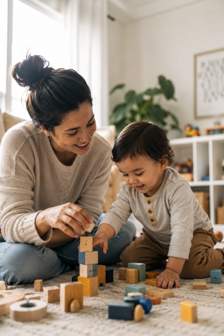 Parent observing toddler communication during everyday play at home