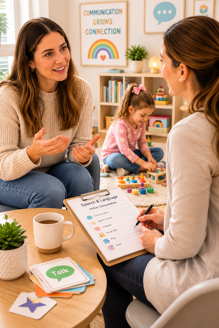 Parent asking questions during a pediatric speech therapy consultationconsultation questions