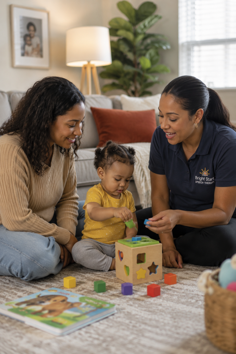 Toddler participating in speech therapy play activities with speech-language pathologist