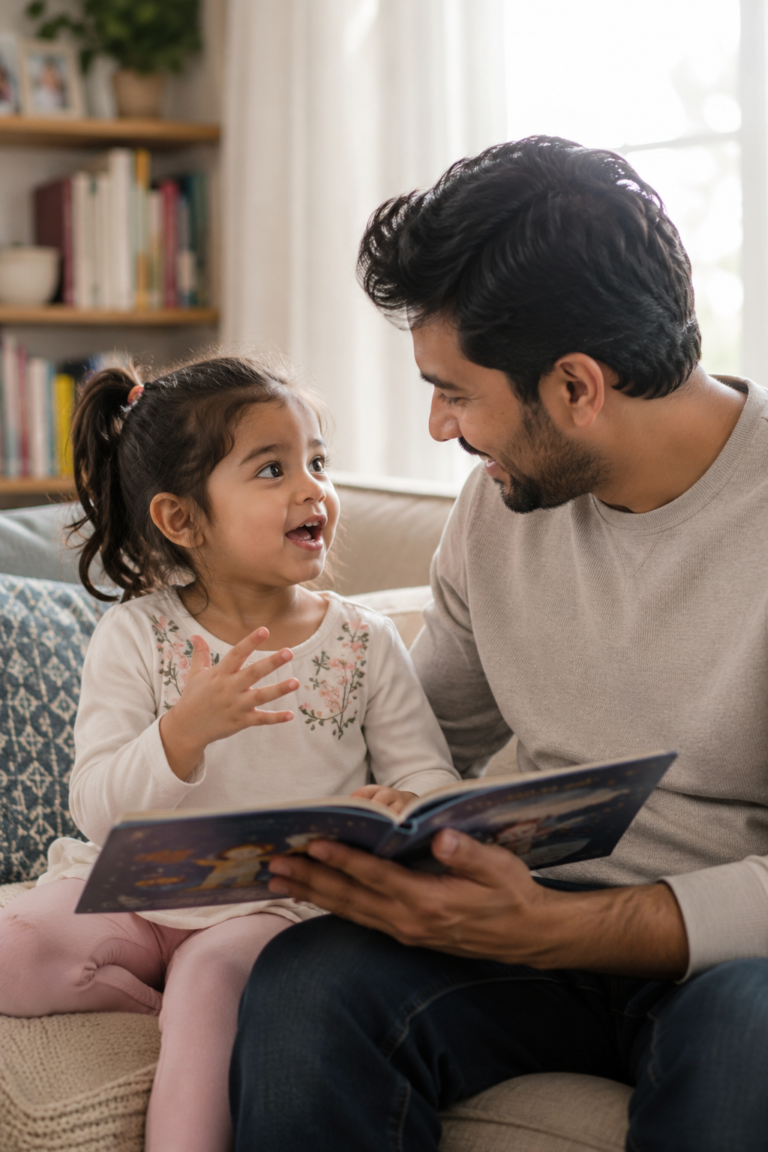 Child practicing sounds with father as she look at pictures in a book.