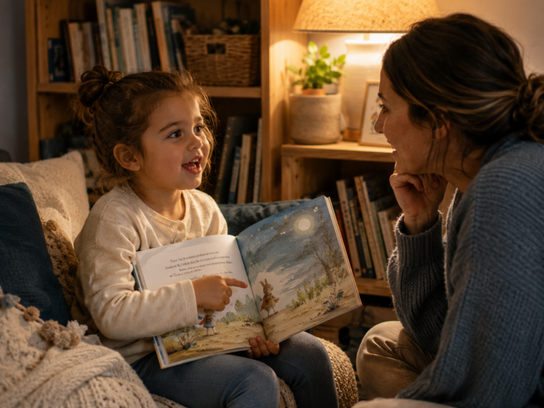 Preschool child storytelling with parent — speech development ages 3 to 5