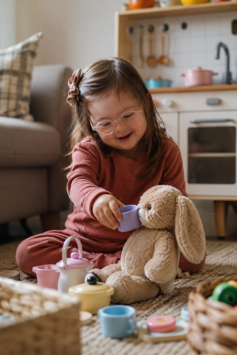 toddler pretending to feed a stuffed animal during playtime