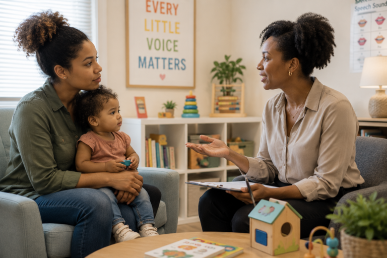 Parent asking questions during pediatric speech therapy consultation